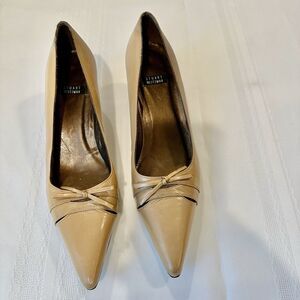 Stuart Weitzman Beige Leather Pointed Toe Heels Women Sz 5.5 B Bow Accent Pumps
